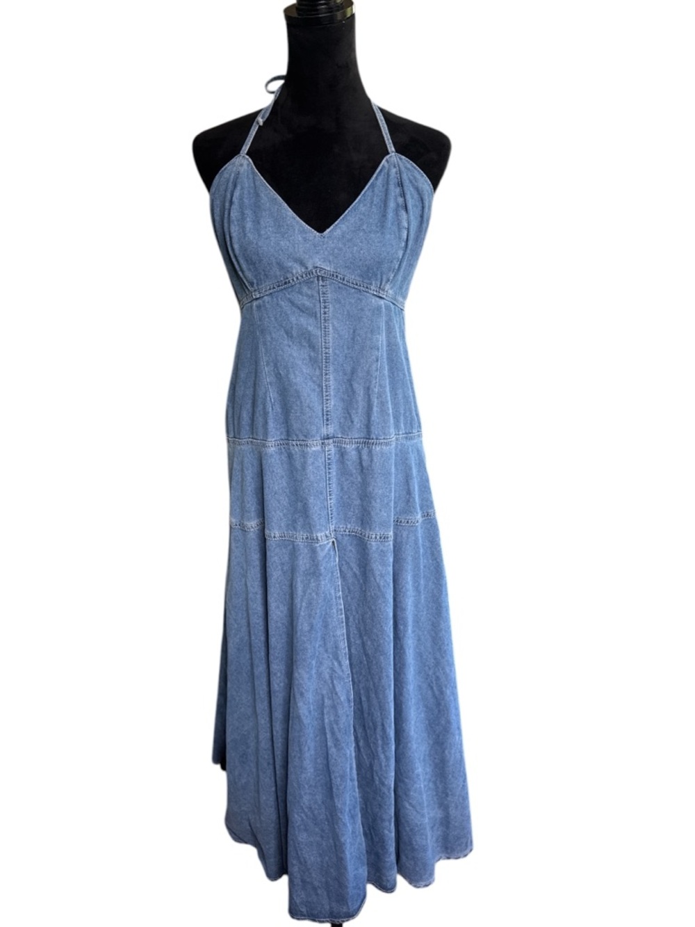 Blue Denim Halter Maxi Dress - Picture 2 of 11